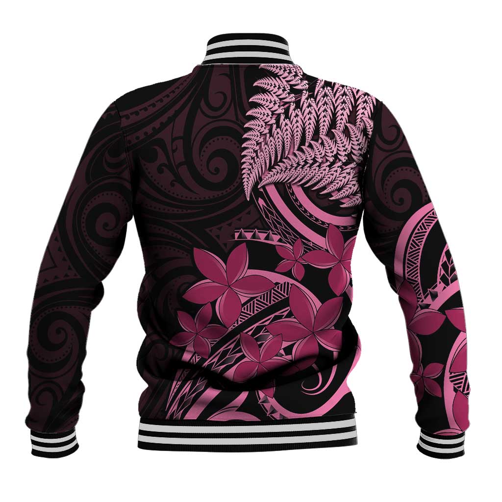 Aotearoa Maori Baseball Jacket Pink Fern Ribbons on Black LT7 - Polynesian Pride