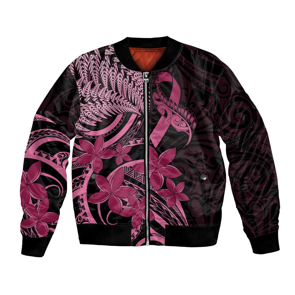 Aotearoa Maori Bomber Jacket Pink Fern Ribbons on Black LT7 Unisex Black - Polynesian Pride
