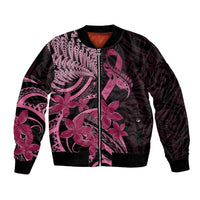 Aotearoa Maori Bomber Jacket Pink Fern Ribbons on Black LT7 Unisex Black - Polynesian Pride
