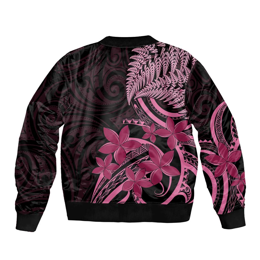 Aotearoa Maori Bomber Jacket Pink Fern Ribbons on Black LT7 - Polynesian Pride