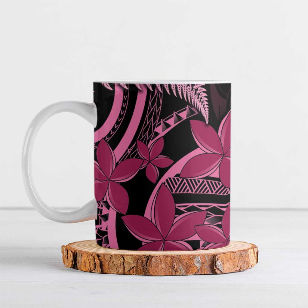 Aotearoa Maori Ceramic Mug Pink Fern Ribbons on Black LT7 Black - Polynesian Pride