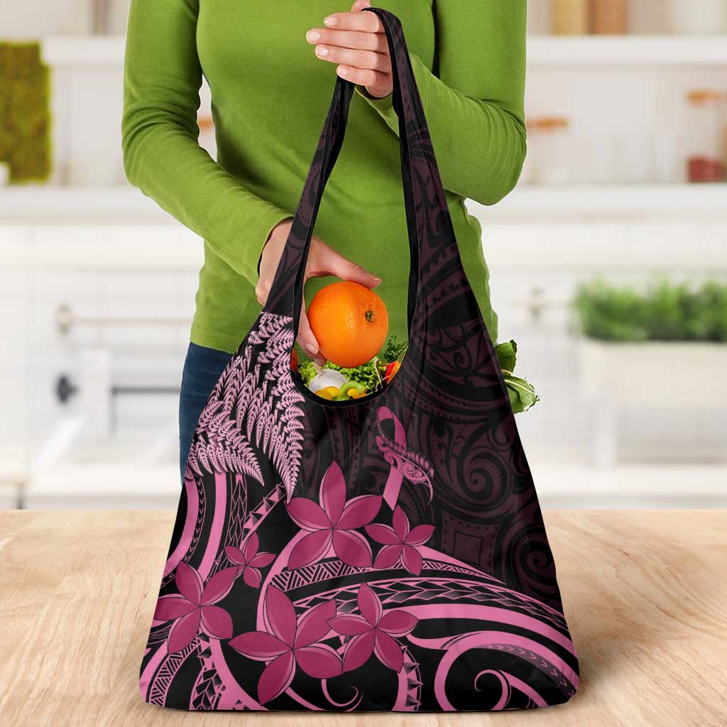 Aotearoa Maori Grocery Bag Pink Fern Ribbons on Black LT7 - Polynesian Pride