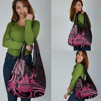 Aotearoa Maori Grocery Bag Pink Fern Ribbons on Black LT7 - Polynesian Pride