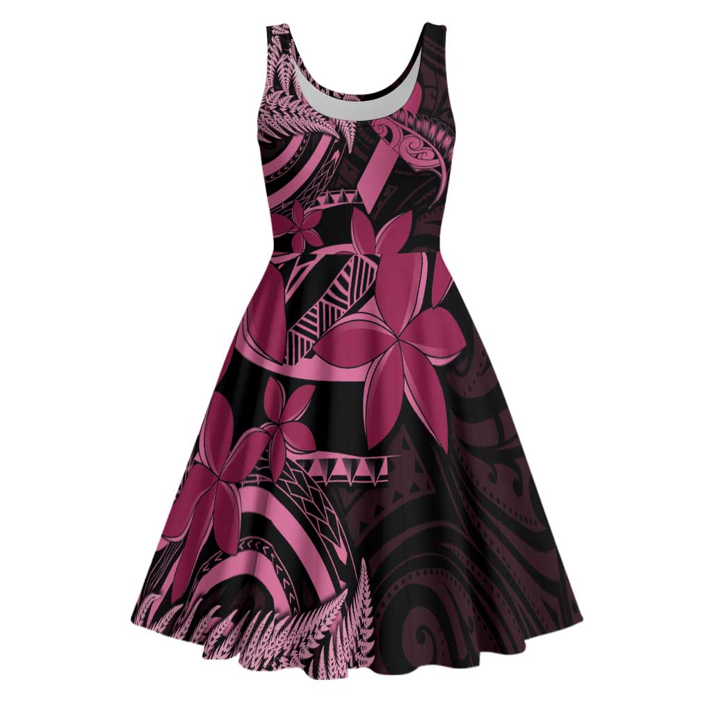 Aotearoa Maori Midi Dress Pink Fern Ribbons on Black LT7 Black - Polynesian Pride