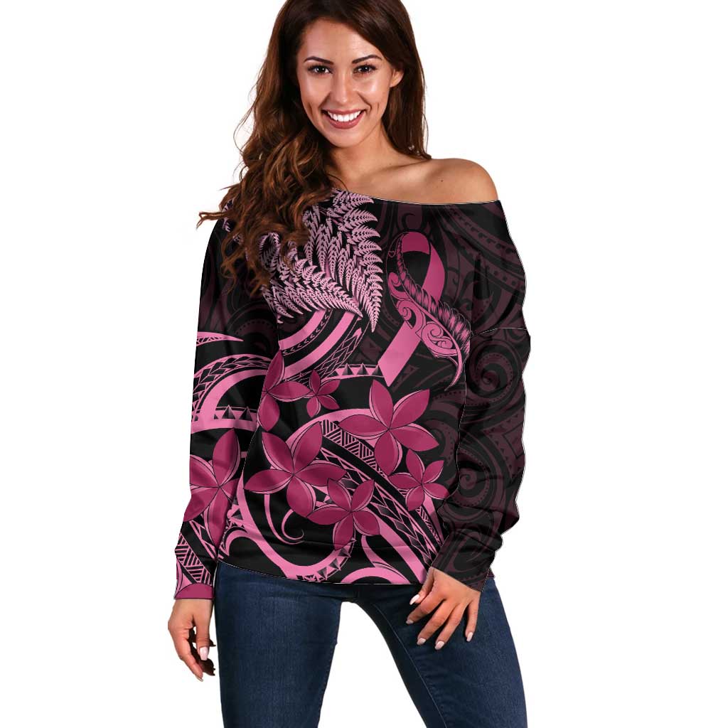 Aotearoa Maori Off Shoulder Sweater Pink Fern Ribbons on Black LT7 Women Black - Polynesian Pride