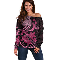 Aotearoa Maori Off Shoulder Sweater Pink Fern Ribbons on Black LT7 Women Black - Polynesian Pride