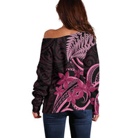 Aotearoa Maori Off Shoulder Sweater Pink Fern Ribbons on Black LT7 - Polynesian Pride