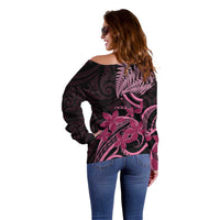 Aotearoa Maori Off Shoulder Sweater Pink Fern Ribbons on Black LT7 - Polynesian Pride