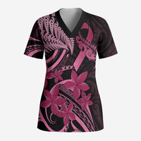 Aotearoa Maori Scrub Top Pink Fern Ribbons on Black LT7 Adult Black - Polynesian Pride