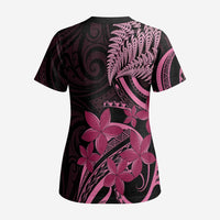 Aotearoa Maori Scrub Top Pink Fern Ribbons on Black LT7 - Polynesian Pride