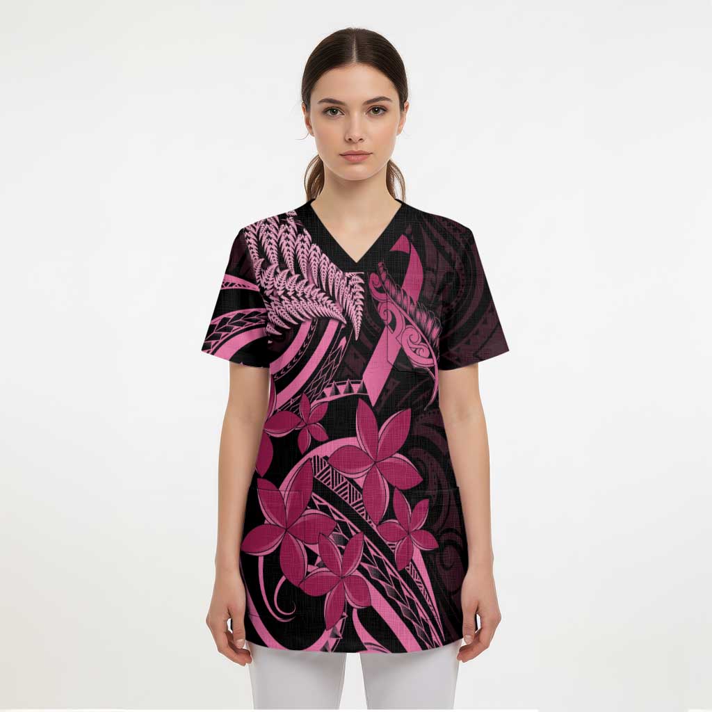 Aotearoa Maori Scrub Top Pink Fern Ribbons on Black LT7 - Polynesian Pride