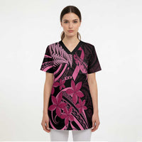 Aotearoa Maori Scrub Top Pink Fern Ribbons on Black LT7 - Polynesian Pride