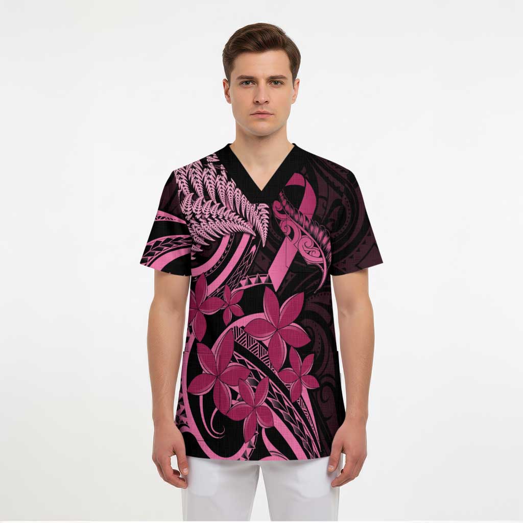 Aotearoa Maori Scrub Top Pink Fern Ribbons on Black LT7 - Polynesian Pride