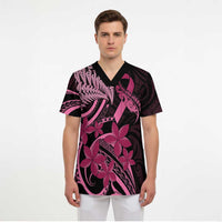 Aotearoa Maori Scrub Top Pink Fern Ribbons on Black LT7 - Polynesian Pride