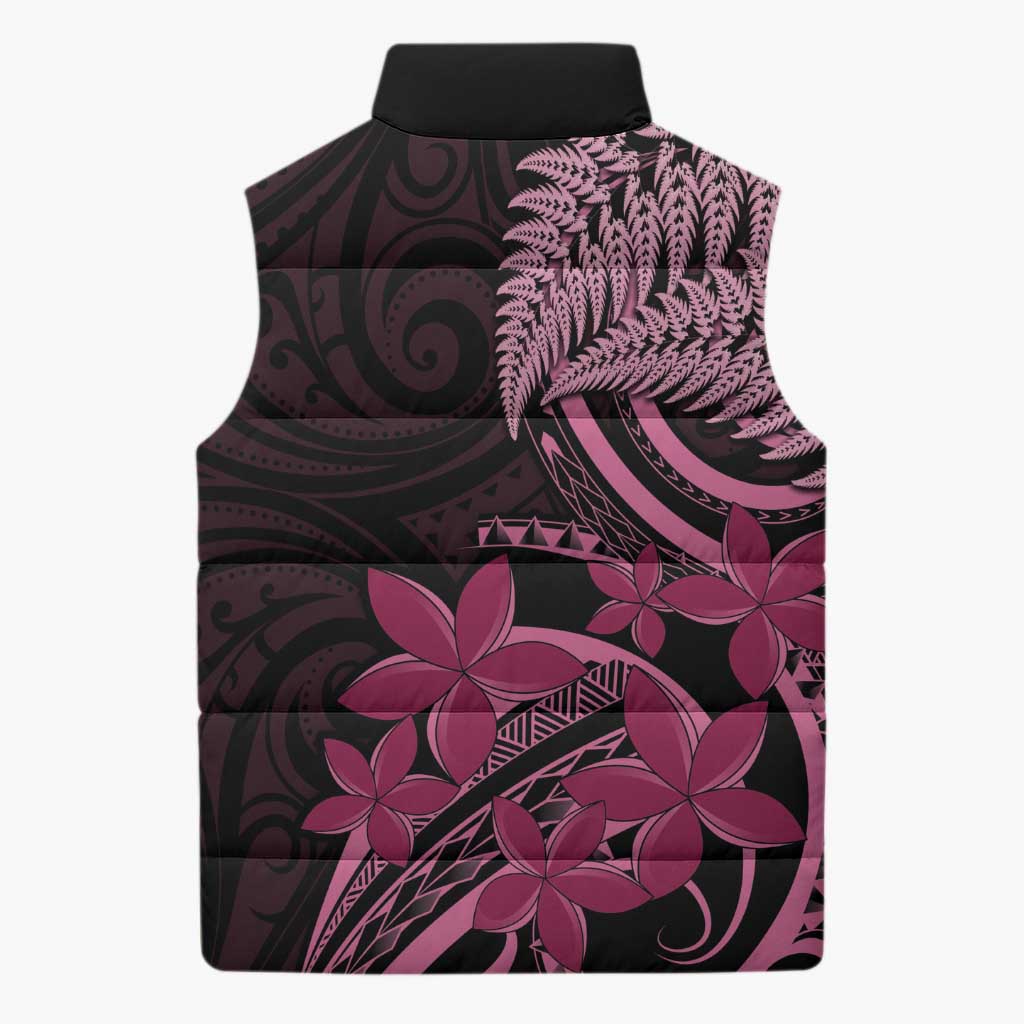 Aotearoa Maori Sleeveless Puffer Jacket Pink Fern Ribbons on Black LT7 - Polynesian Pride