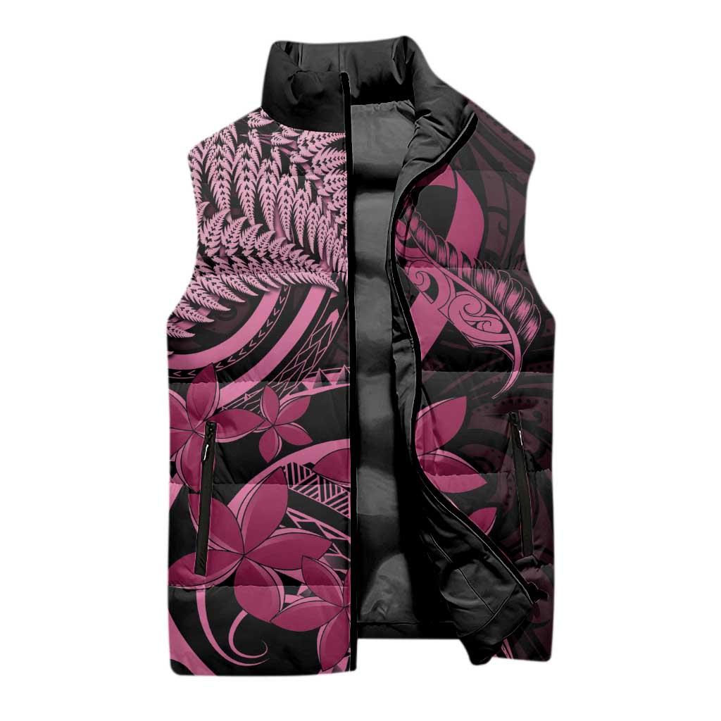 Aotearoa Maori Sleeveless Puffer Jacket Pink Fern Ribbons on Black LT7 - Polynesian Pride