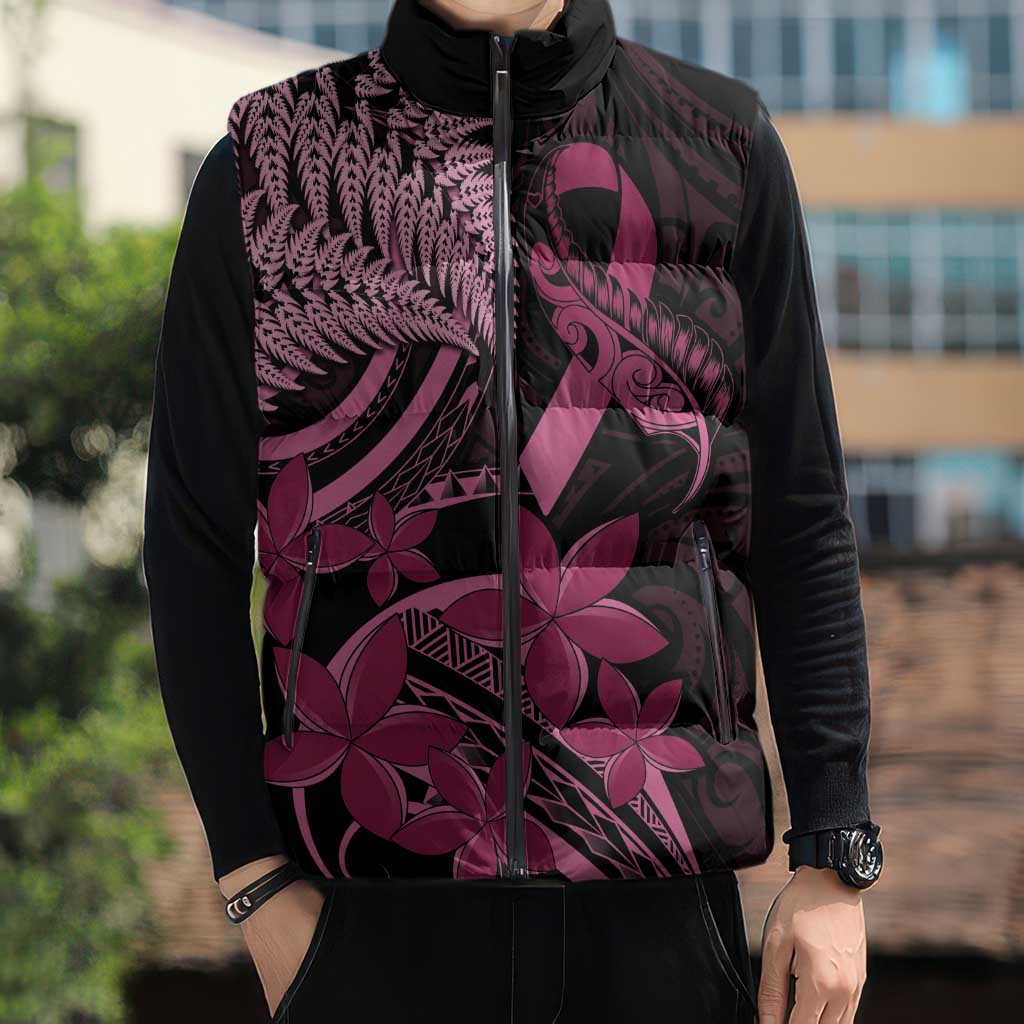 Aotearoa Maori Sleeveless Puffer Jacket Pink Fern Ribbons on Black LT7 - Polynesian Pride