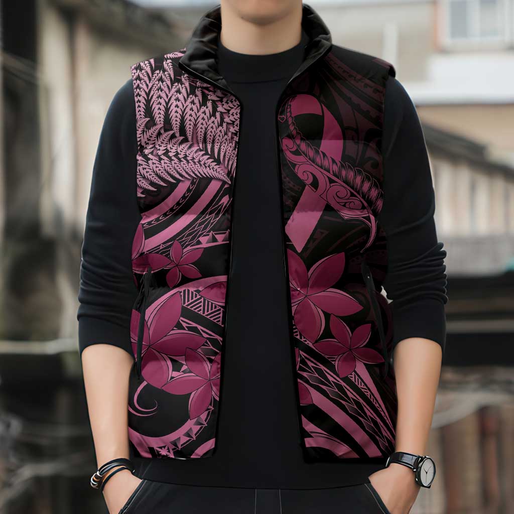 Aotearoa Maori Sleeveless Puffer Jacket Pink Fern Ribbons on Black LT7 - Polynesian Pride