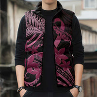 Aotearoa Maori Sleeveless Puffer Jacket Pink Fern Ribbons on Black LT7 - Polynesian Pride