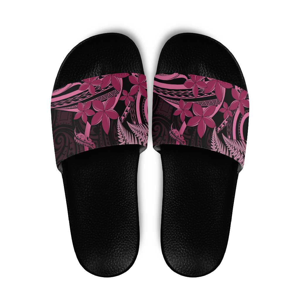 Aotearoa Maori Slide Sandals Pink Fern Ribbons on Black LT7 Black - Polynesian Pride