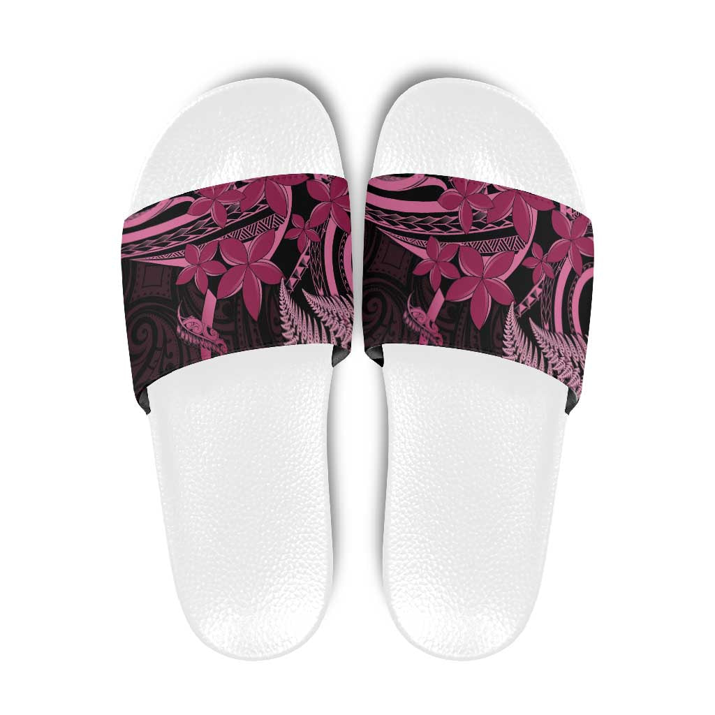 Aotearoa Maori Slide Sandals Pink Fern Ribbons on Black LT7 Black - Polynesian Pride