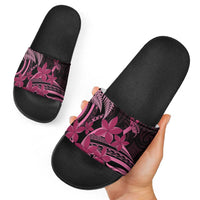 Aotearoa Maori Slide Sandals Pink Fern Ribbons on Black LT7 - Polynesian Pride