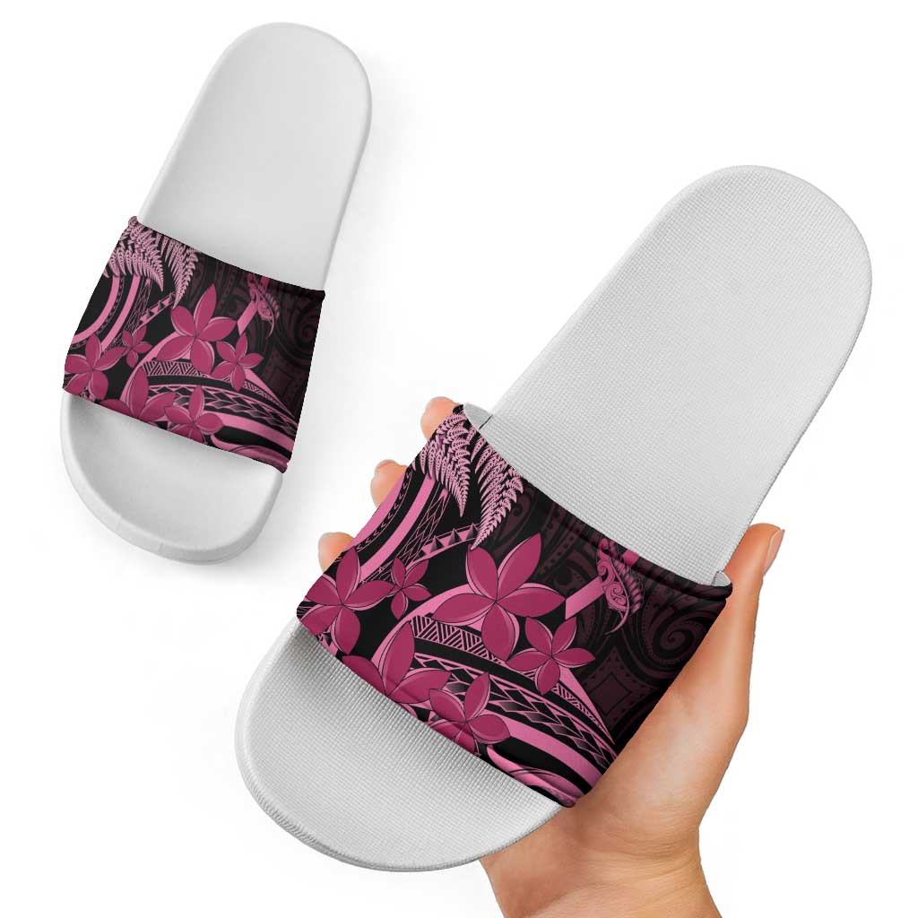 Aotearoa Maori Slide Sandals Pink Fern Ribbons on Black LT7 - Polynesian Pride