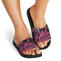 Aotearoa Maori Slide Sandals Pink Fern Ribbons on Black LT7 - Polynesian Pride