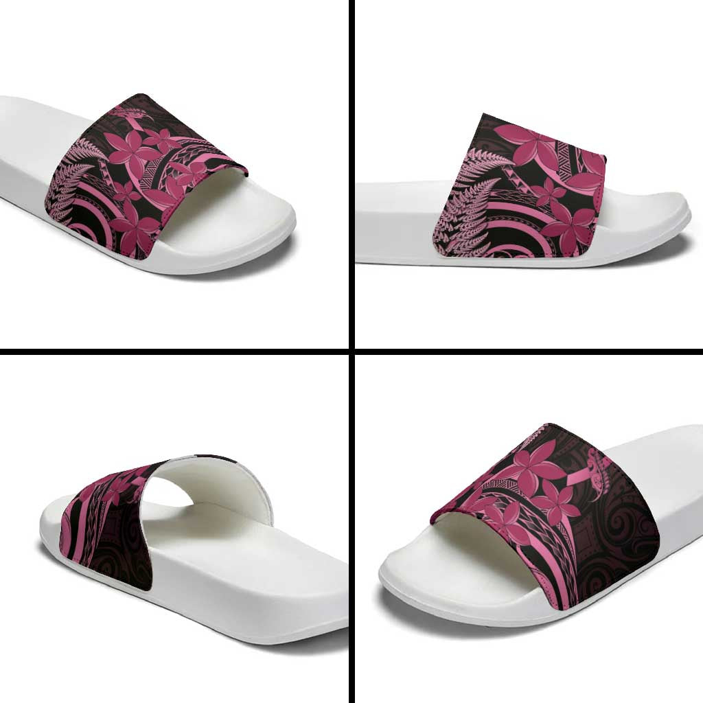 Aotearoa Maori Slide Sandals Pink Fern Ribbons on Black LT7 - Polynesian Pride