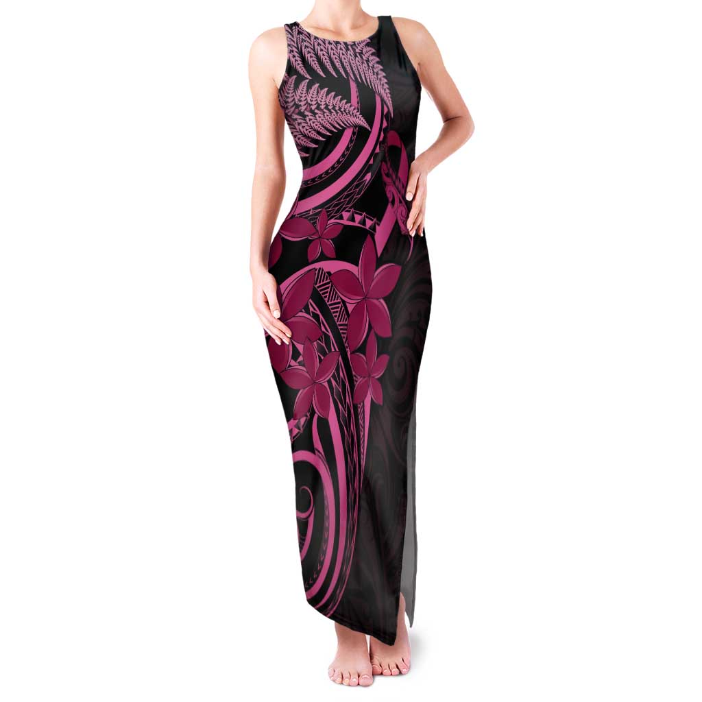 Aotearoa Maori Tank Maxi Dress Pink Fern Ribbons on Black LT7 Women Black - Polynesian Pride