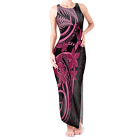 Aotearoa Maori Tank Maxi Dress Pink Fern Ribbons on Black LT7 Women Black - Polynesian Pride
