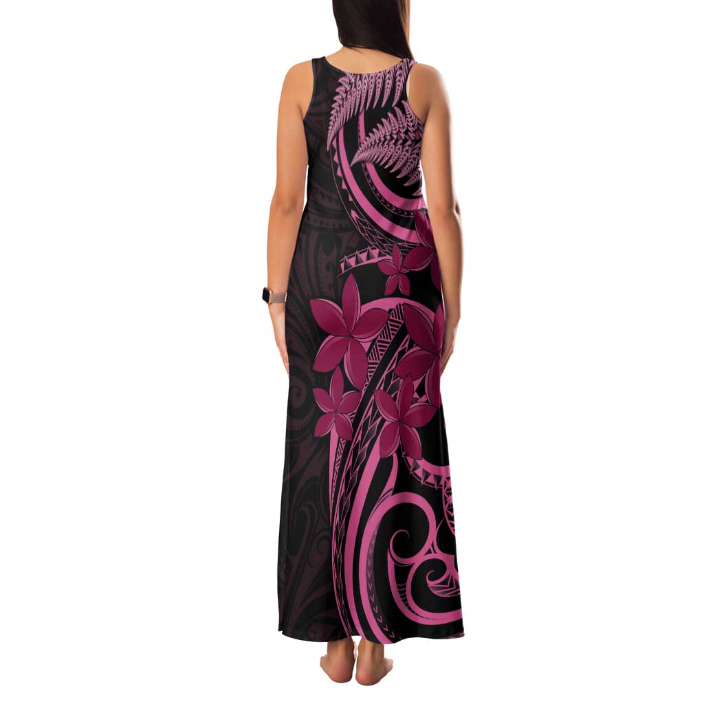 Aotearoa Maori Tank Maxi Dress Pink Fern Ribbons on Black LT7 - Polynesian Pride
