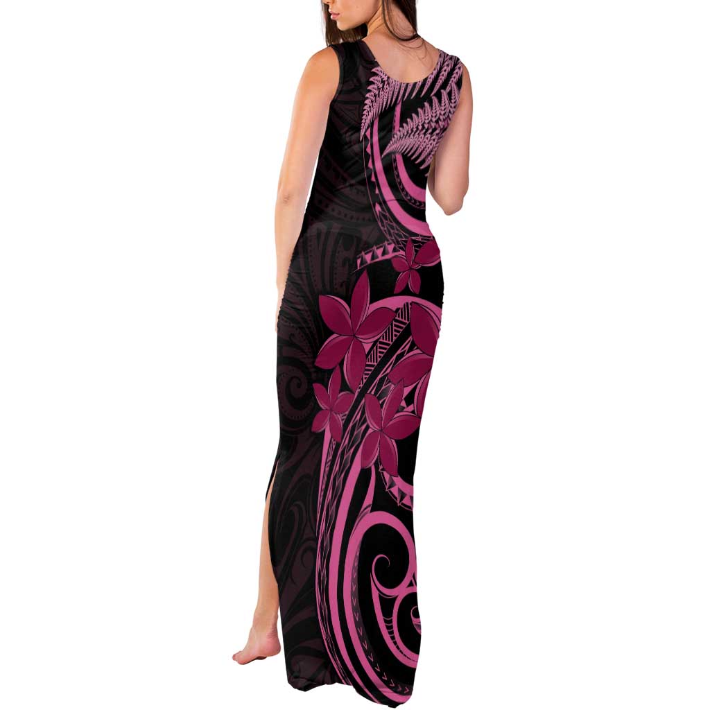 Aotearoa Maori Tank Maxi Dress Pink Fern Ribbons on Black LT7 - Polynesian Pride