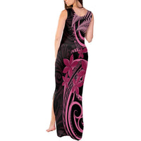 Aotearoa Maori Tank Maxi Dress Pink Fern Ribbons on Black LT7 - Polynesian Pride