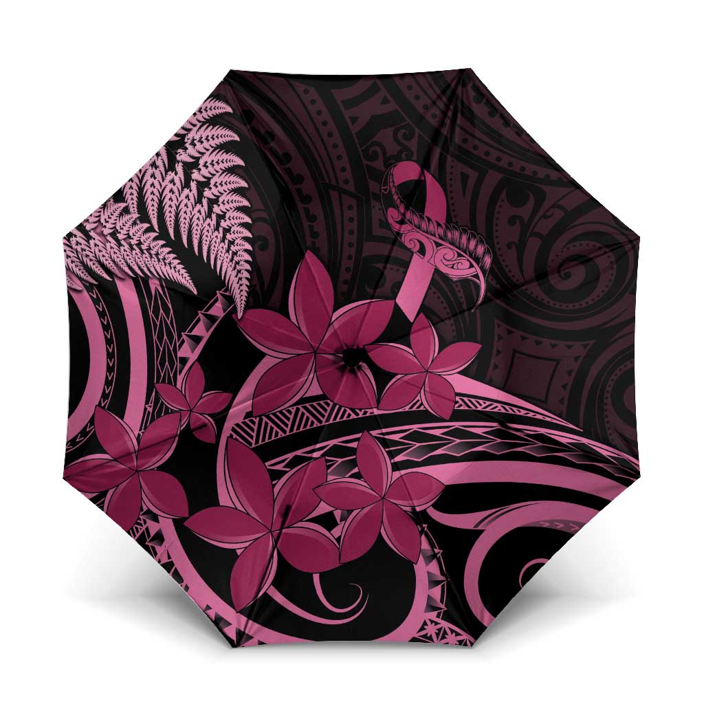 Aotearoa Maori Umbrella Pink Fern Ribbons on Black LT7 One Size Folded 11.42 inch Opened Diameter 37.4 inch Black - Polynesian Pride