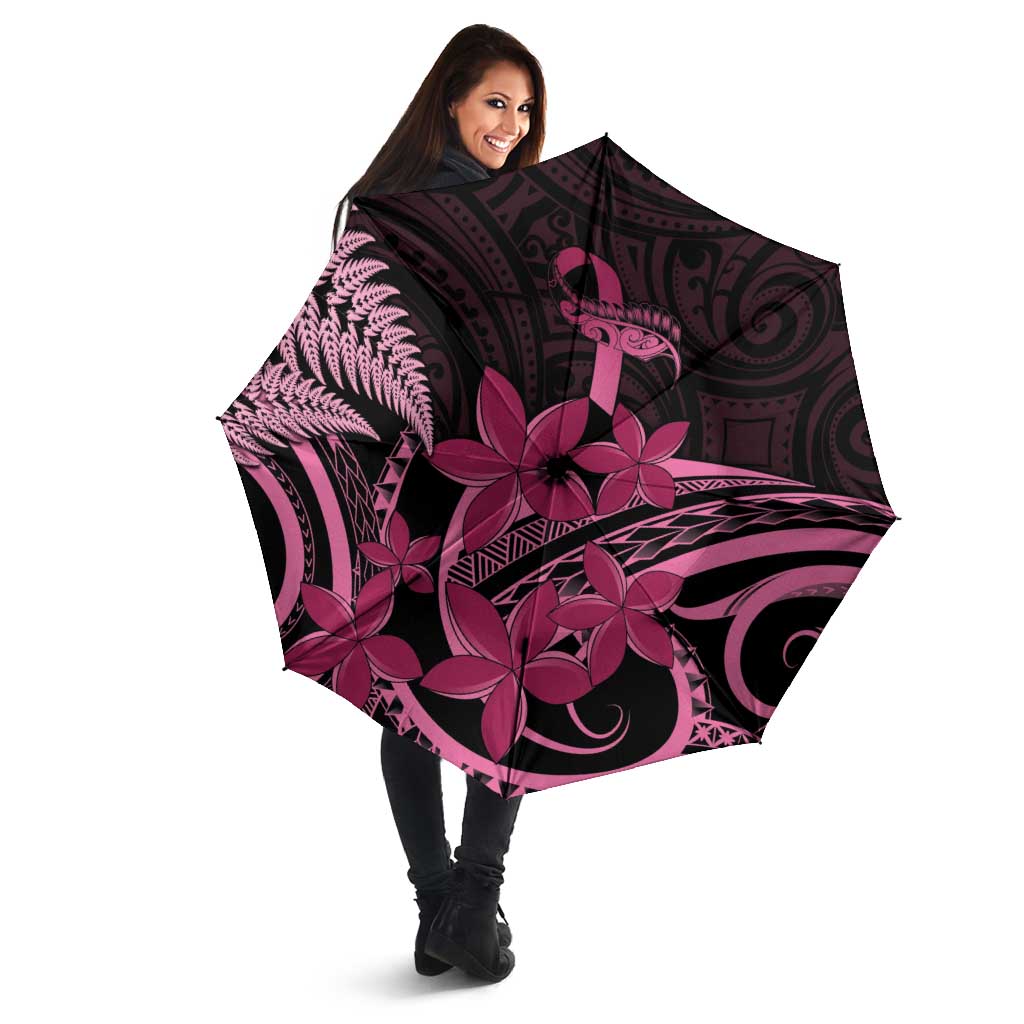 Aotearoa Maori Umbrella Pink Fern Ribbons on Black LT7 - Polynesian Pride