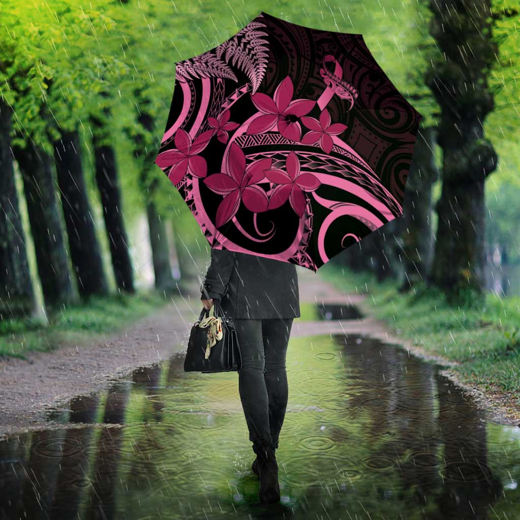 Aotearoa Maori Umbrella Pink Fern Ribbons on Black LT7 - Polynesian Pride