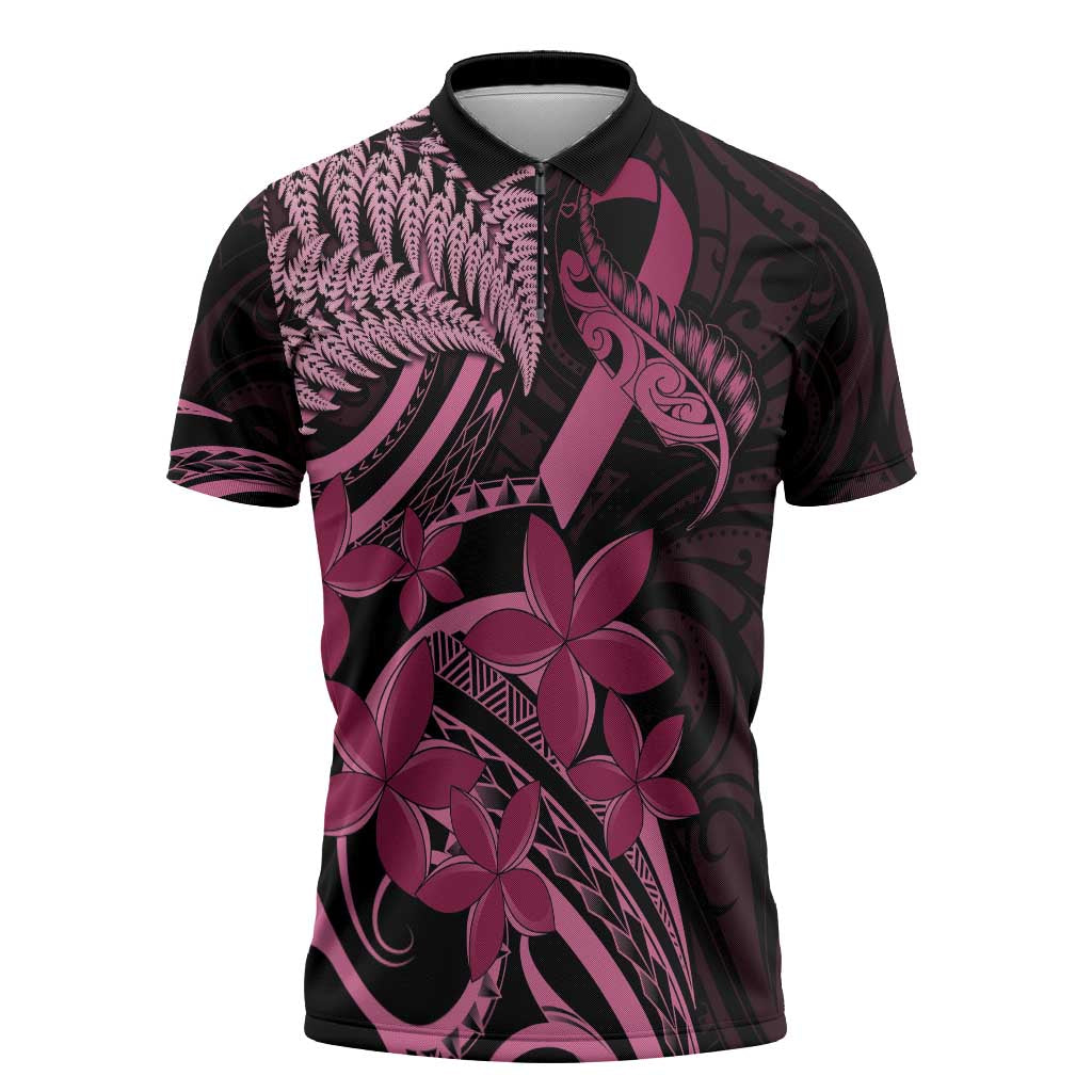 Aotearoa Maori Zipper Polo Shirt Pink Fern Ribbons on Black LT7 Black - Polynesian Pride