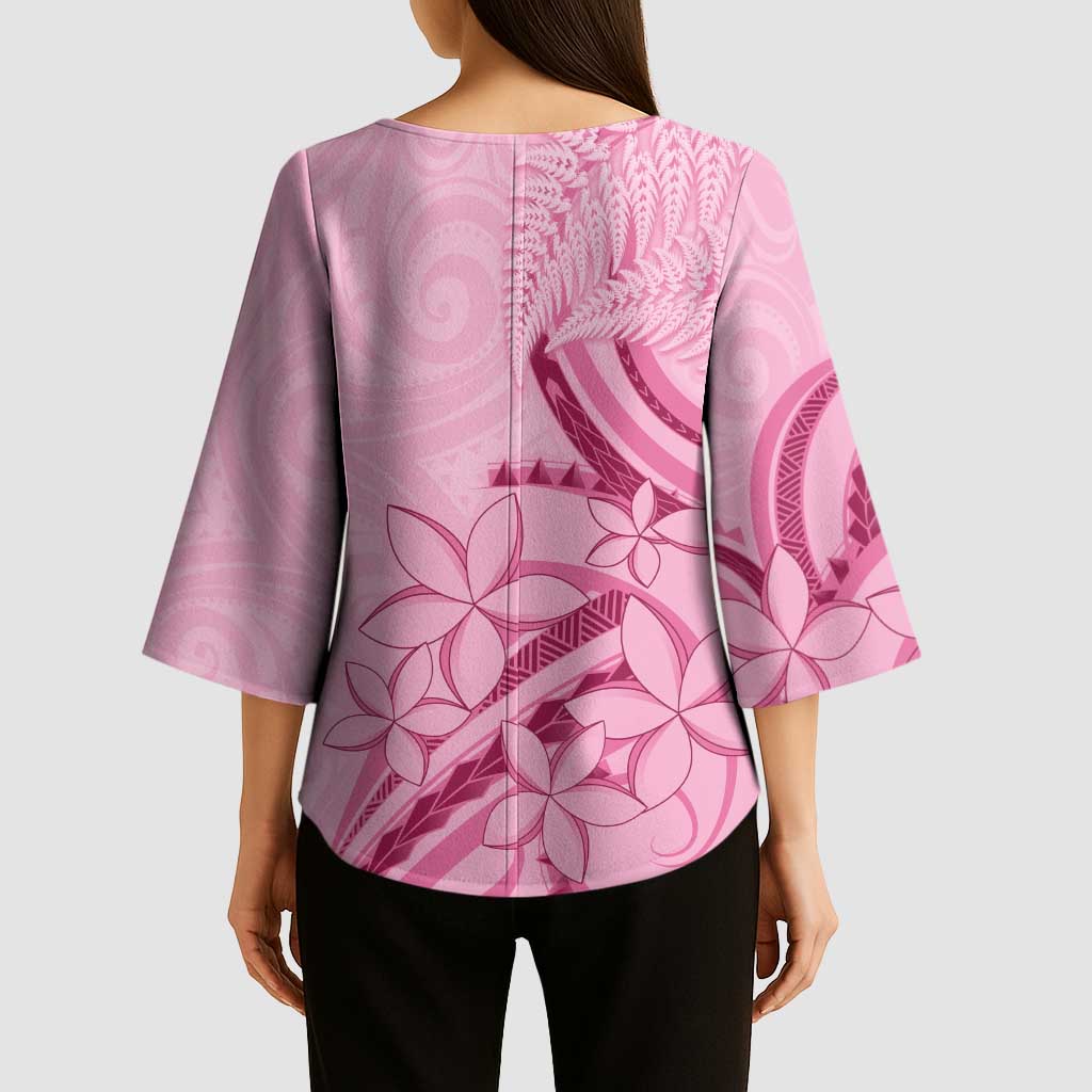 Aotearoa Maori Kimono Sleeve Blouse Pink Fern Ribbons LT7 - Polynesian Pride