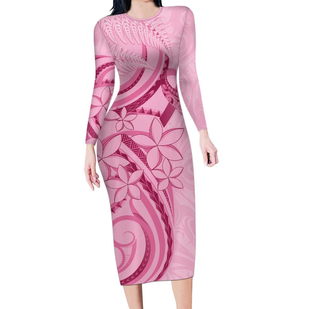 Aotearoa Maori Long Sleeve Bodycon Dress Pink Fern Ribbons LT7 Long Dress Pink - Polynesian Pride