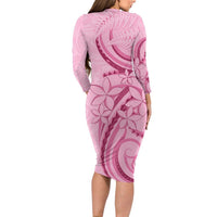 Aotearoa Maori Long Sleeve Bodycon Dress Pink Fern Ribbons LT7 - Polynesian Pride