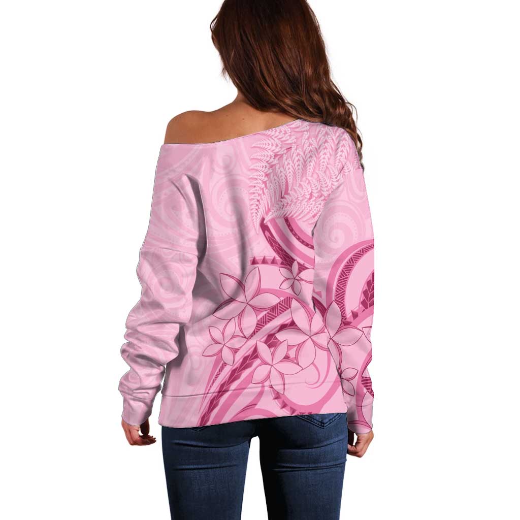 Aotearoa Maori Off Shoulder Sweater Pink Fern Ribbons LT7 - Polynesian Pride