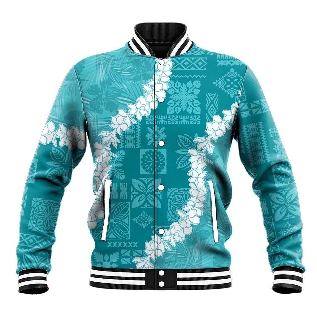 Hawaii Aloha Baseball Jacket Teal Quilt Patch Work Mix Plumeria Lei