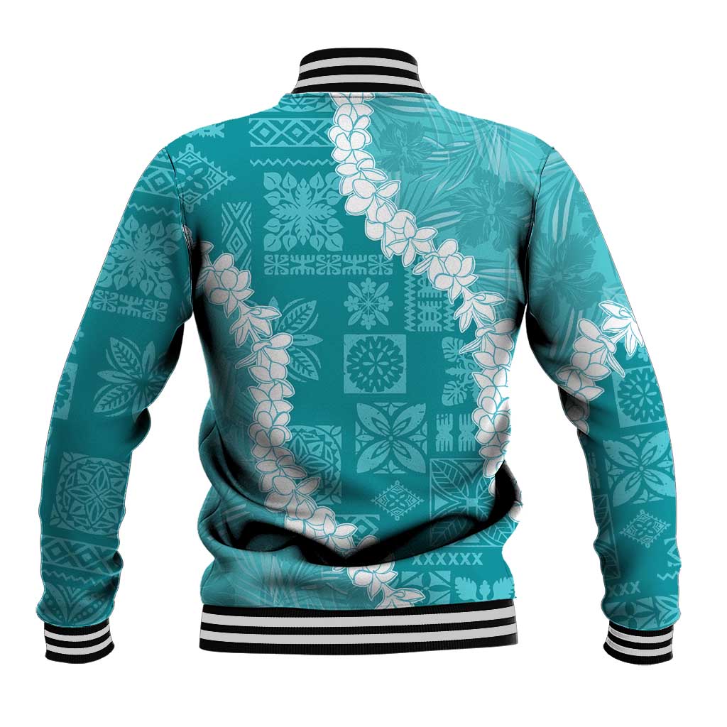 Hawaii Aloha Baseball Jacket Teal Quilt Patch Work Mix Plumeria Lei LT7 - Polynesian Pride