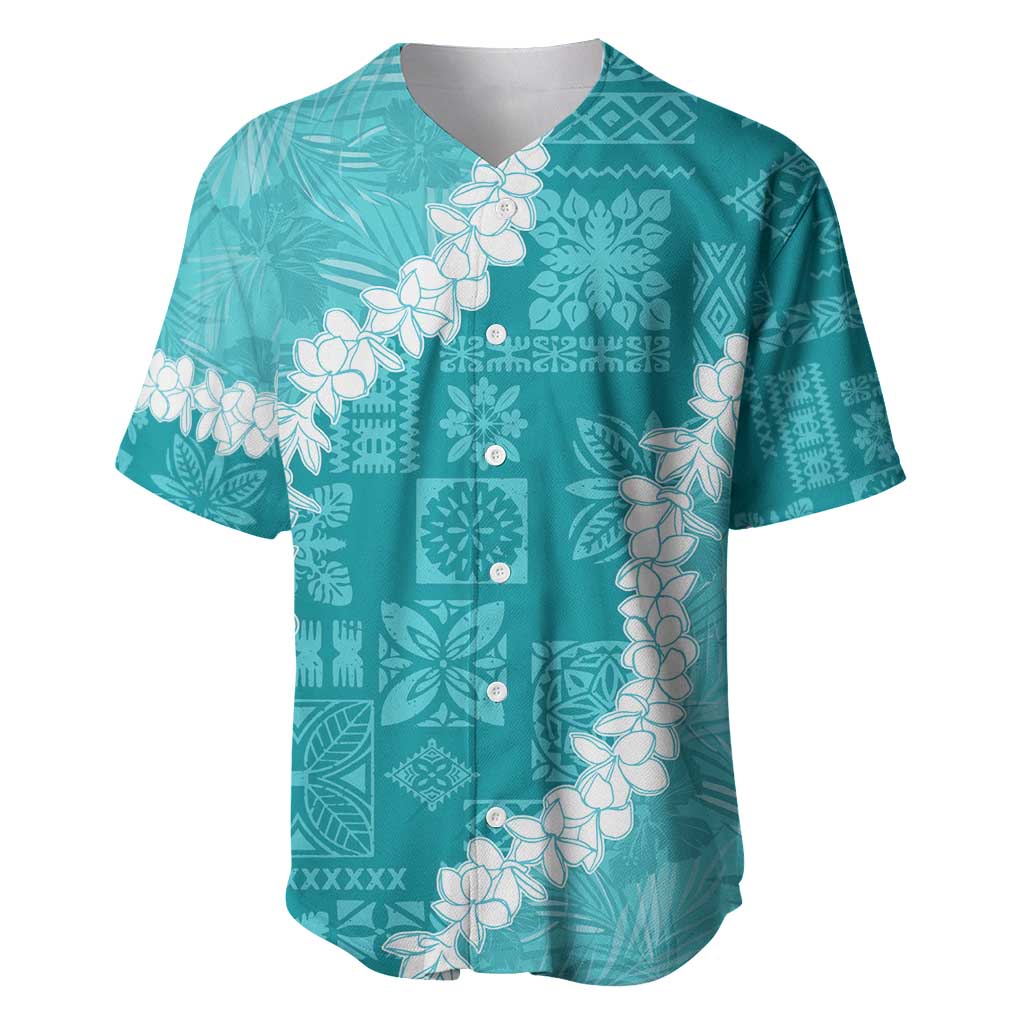 Hawaii Aloha Baseball Jersey Teal Quilt Patch Work Mix Plumeria Lei