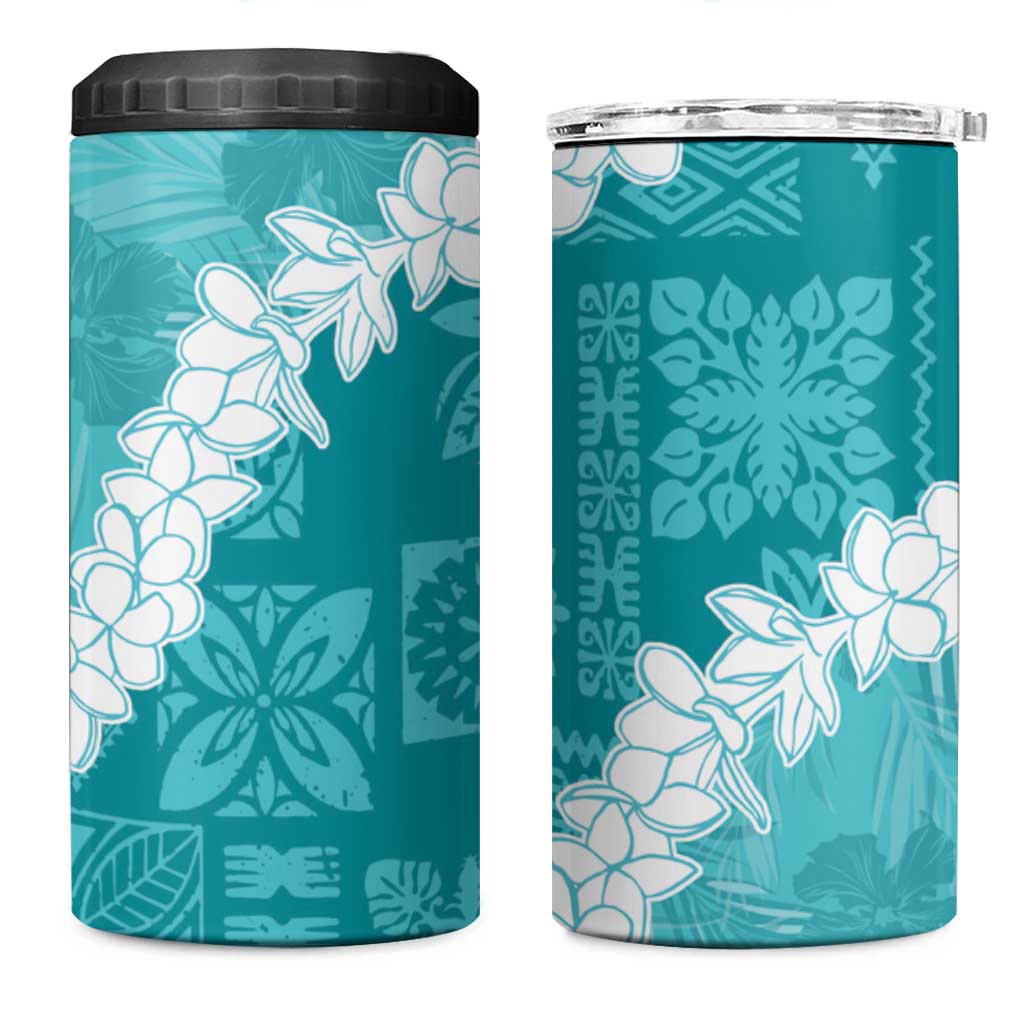 Hawaii Aloha 4 in 1 Can Cooler Tumbler Teal Quilt Patch Work Mix Plumeria Lei LT7 One Size: 16 oz Teal - Polynesian Pride