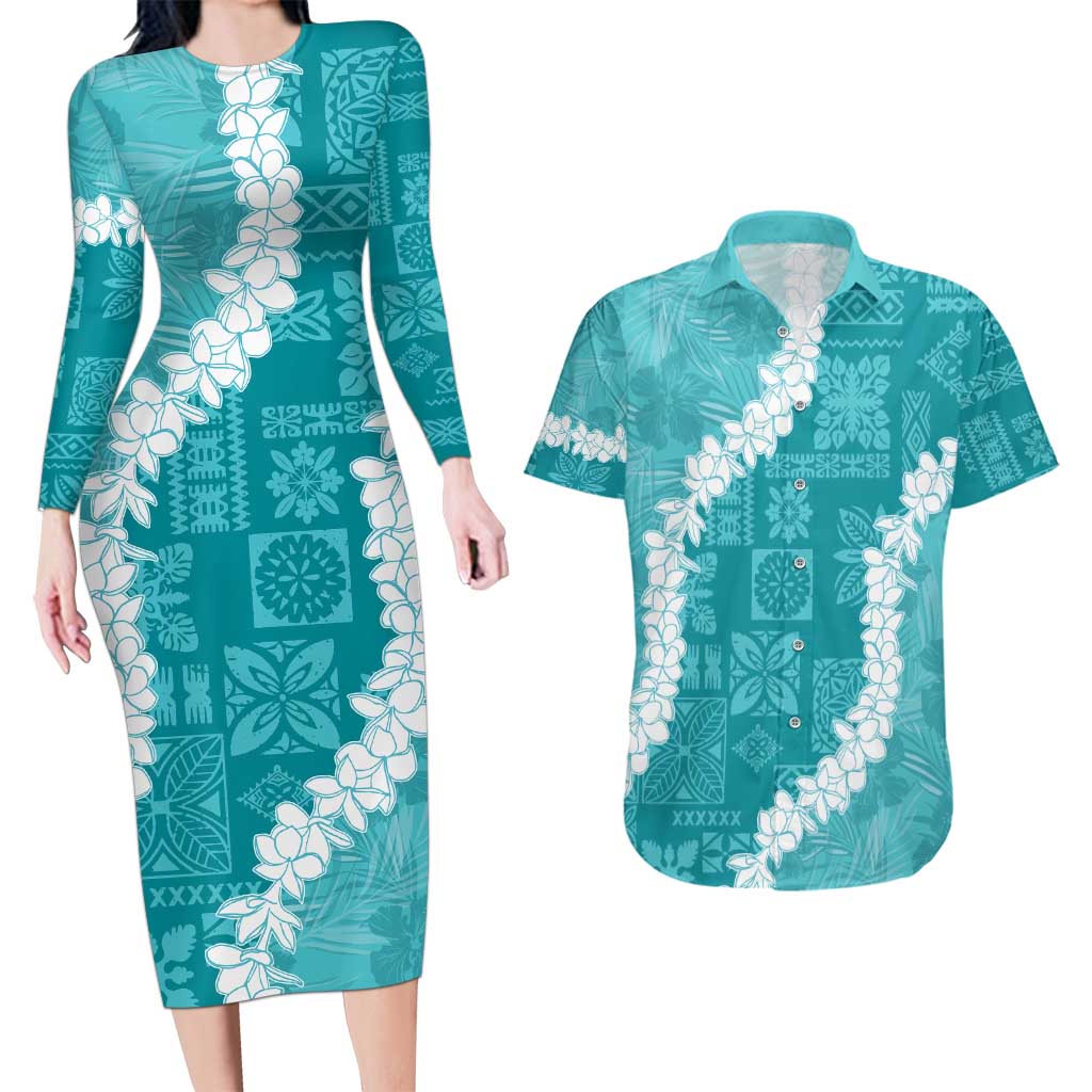 Hawaii Aloha Couples Matching Long Sleeve Bodycon Dress and Hawaiian Shirt Teal Quilt Patch Work Mix Plumeria Lei