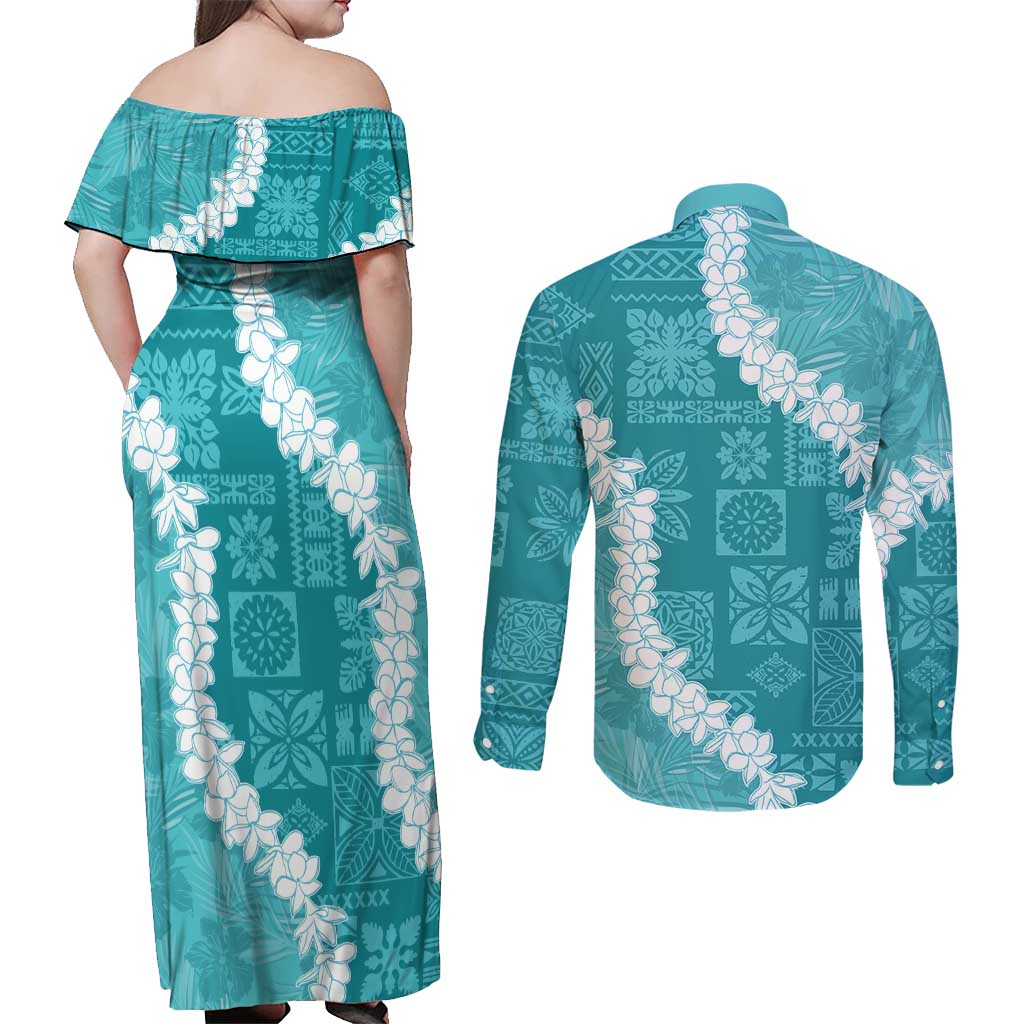 Hawaii Aloha Couples Matching Off Shoulder Maxi Dress and Long Sleeve Button Shirt Teal Quilt Patch Work Mix Plumeria Lei