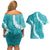 Hawaii Aloha Couples Matching Off Shoulder Short Dress and Hawaiian Shirt Teal Quilt Patch Work Mix Plumeria Lei