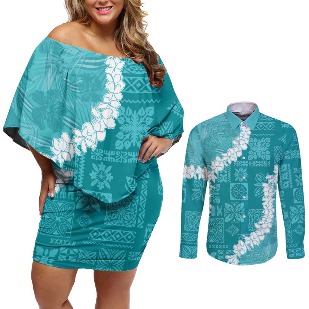 Hawaii Aloha Couples Matching Off Shoulder Short Dress and Long Sleeve Button Shirt Teal Quilt Patch Work Mix Plumeria Lei